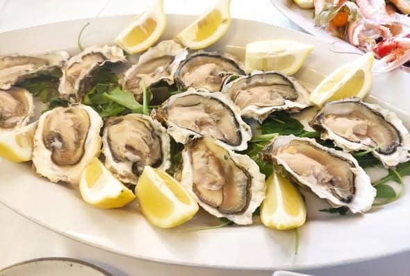 Ostriche fresche con limone servite al tavolo
